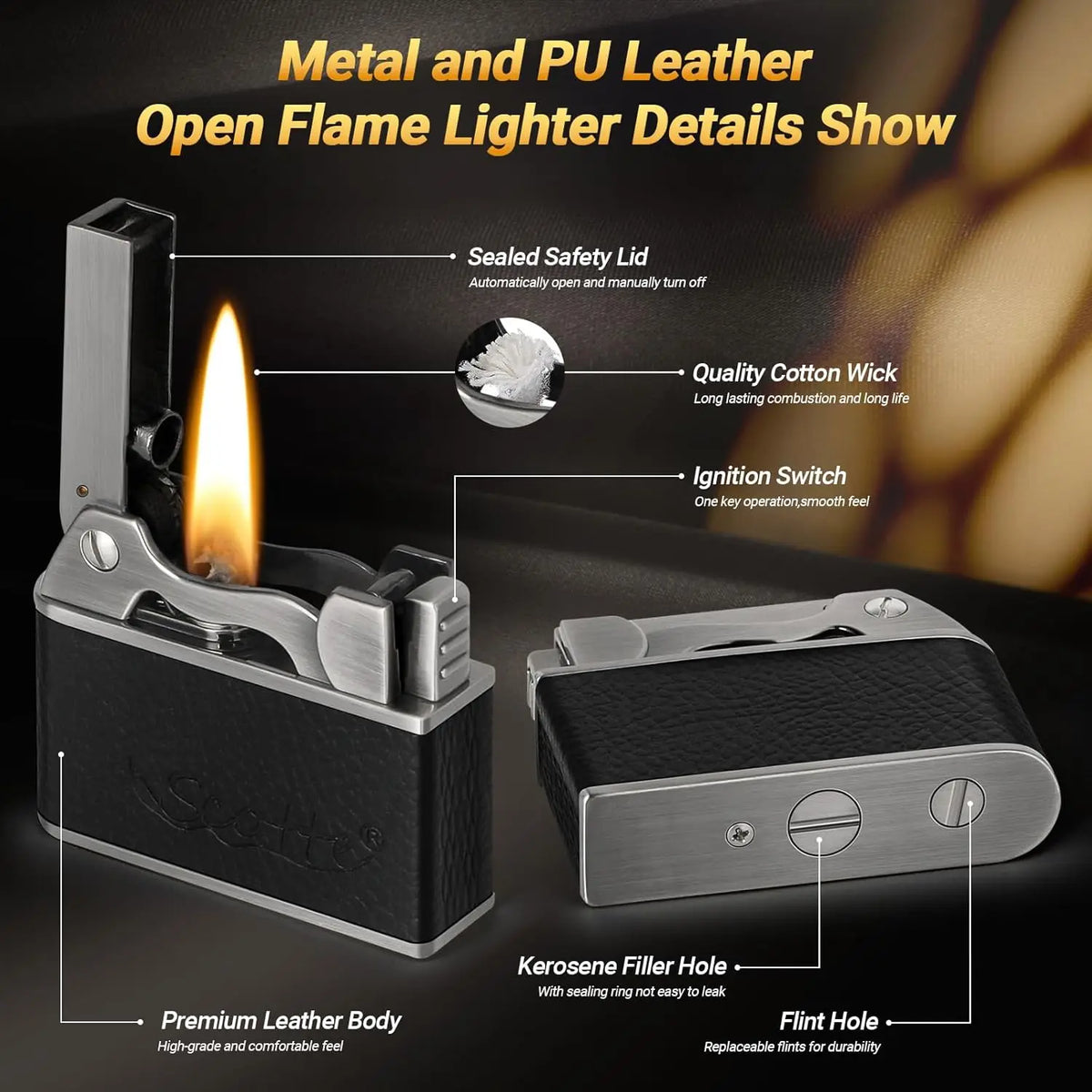 Scotte Vintage Lighter, Windproof Soft Flame, Metal and Leather Trench Lighter, Fluid Refillable Pocket Lighters