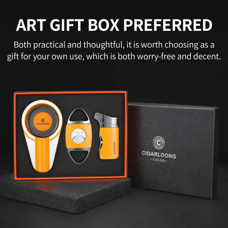 Travel Cigar Accessory Kit, Straight Torch Lighter & Stainless Steel Scissors Cutter&Portable Ashtray, Gift Box for Smoking Men