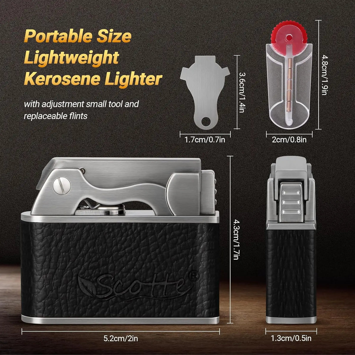 Scotte Vintage Lighter, Windproof Soft Flame, Metal and Leather Trench Lighter, Fluid Refillable Pocket Lighters